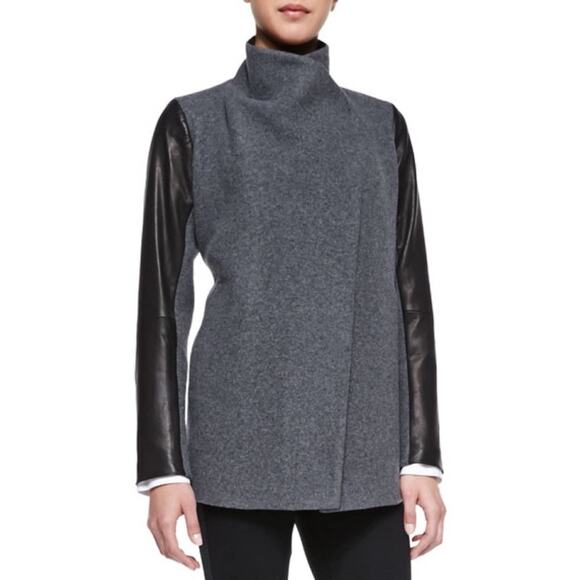 Theory Naomo Goat Leather-Sleeve Cashmere Virgin Wool Jacket Coat Grey Size P/S - Picture 3 of 7